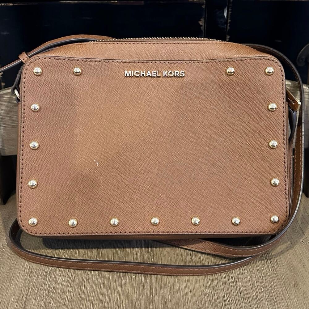 Michael Kors Sandrine Leather Studded Saffiano Crossbody Bag